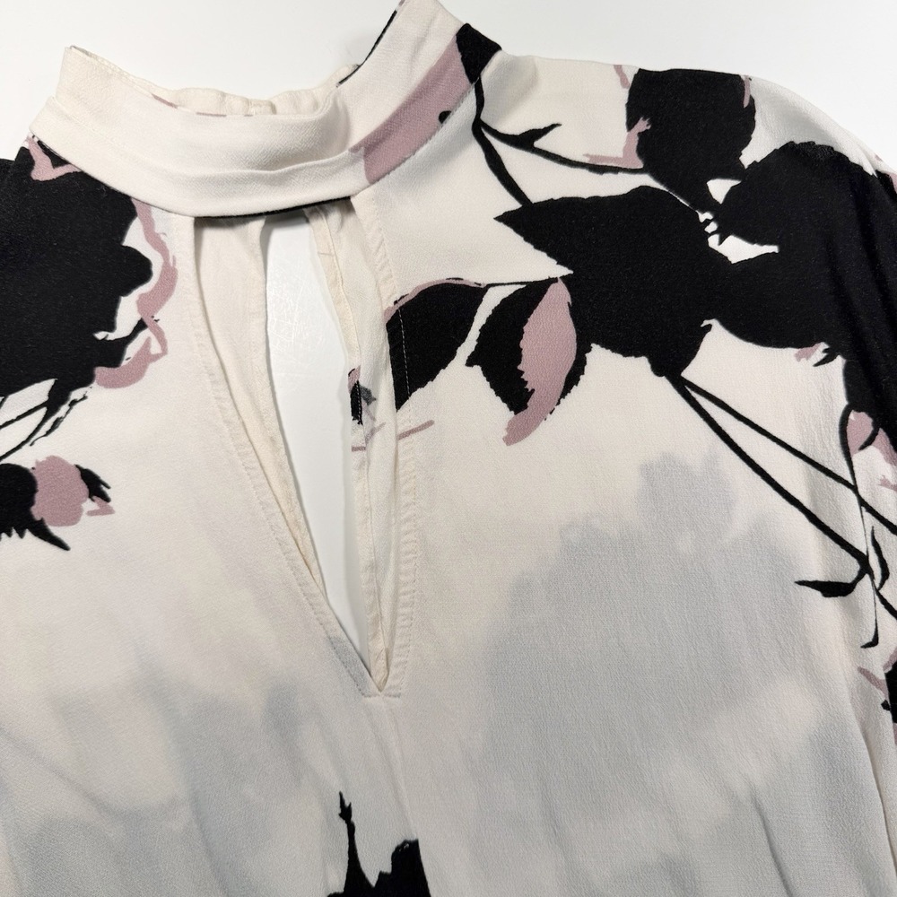 Free People Long Sleeve Ivory Black Floral Print Top Cutouts Tie Waist L